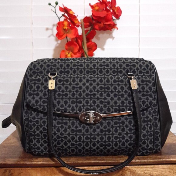 Coach Madison Madeline Cloth Leather Medium Size Gray Black Tote Bag - Picture 1 of 13